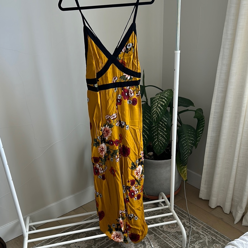 Yellow Floral Slip Maxi Dress with Black Trim